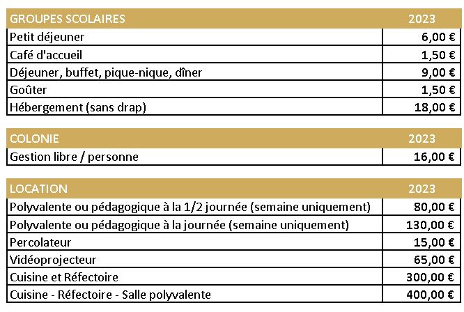 tarifs de location 2023