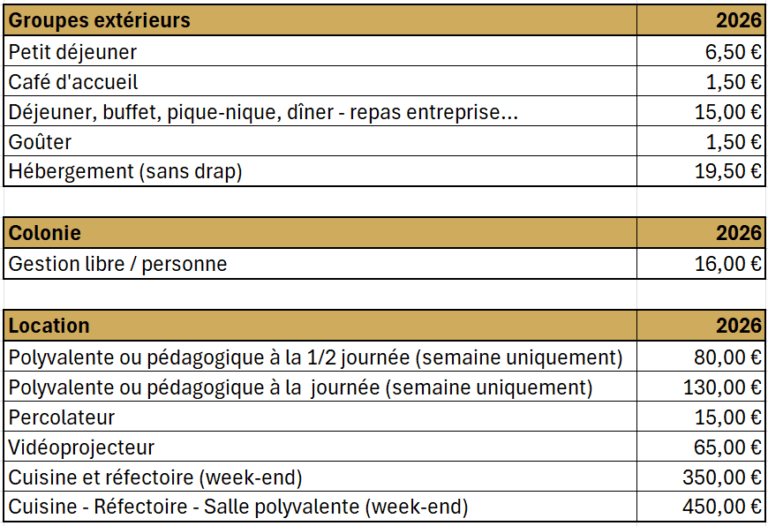 tarifs location des salles 2026